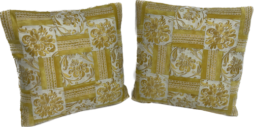 F33 & 34  Fortuny Cimarosa Yellow and  using the selvedge border of the fabric. Backed with  Canestrelli. Pair  17x17