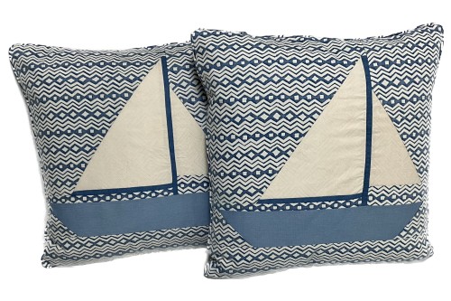 F36 37 Fortuny Sail Boats. Itzina and Jupon Boquet. Welted and backed in Itzina. Pair 19x19