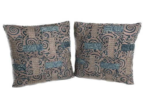 F20 21 Backs. Fortuny Maori & Barberini. Patchwork on fronts and backs. Pair  17.5 x 17.5 