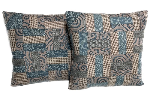 F20 21 Fronts. Fortuny Maori & Barberini. Patchwork on fronts and backs. Pair  17.5 x 17.5  