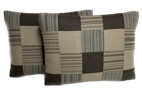 F14 15 Fortuny wools. Truffle driftwood & strie . Backed in small wool check. Pair 16x20