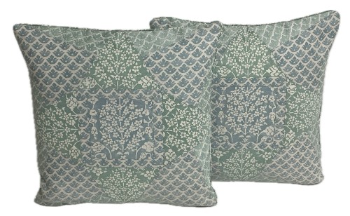 F38 39 Fortuny Front of pillows. Alberelli and Casetrelli in aquas. Panelled backs. 17x17