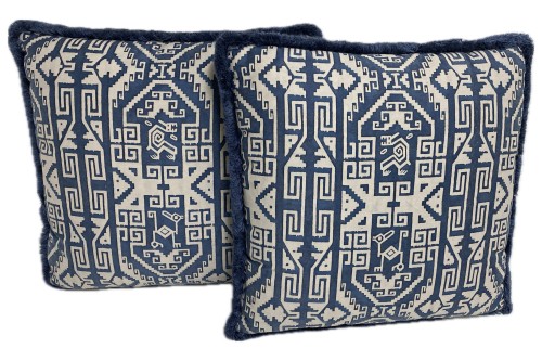 F47 48  Fronts of Fortuny Cuzco blue and warm white. Moss trim. Hand sewn closure. Pair  18.5 x 18.5
